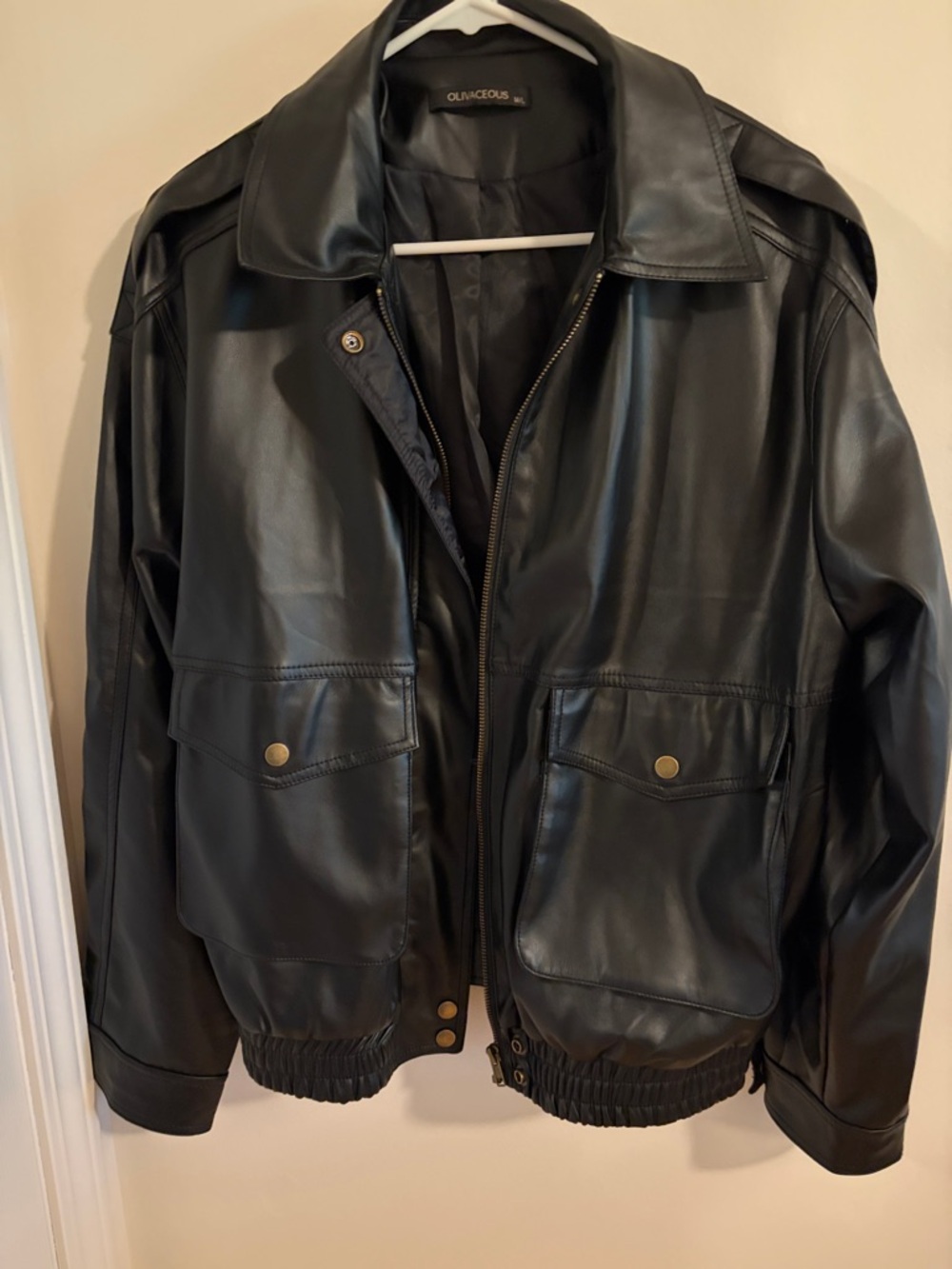 Black faux Leather Bomber Jacket with Snap Pockets